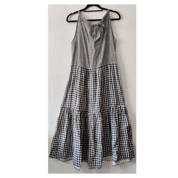 Violet Weekend Black White Gingham Pearl Maxi Dress L Sleeveless Tiered Gauzy - Picture 3 of 7